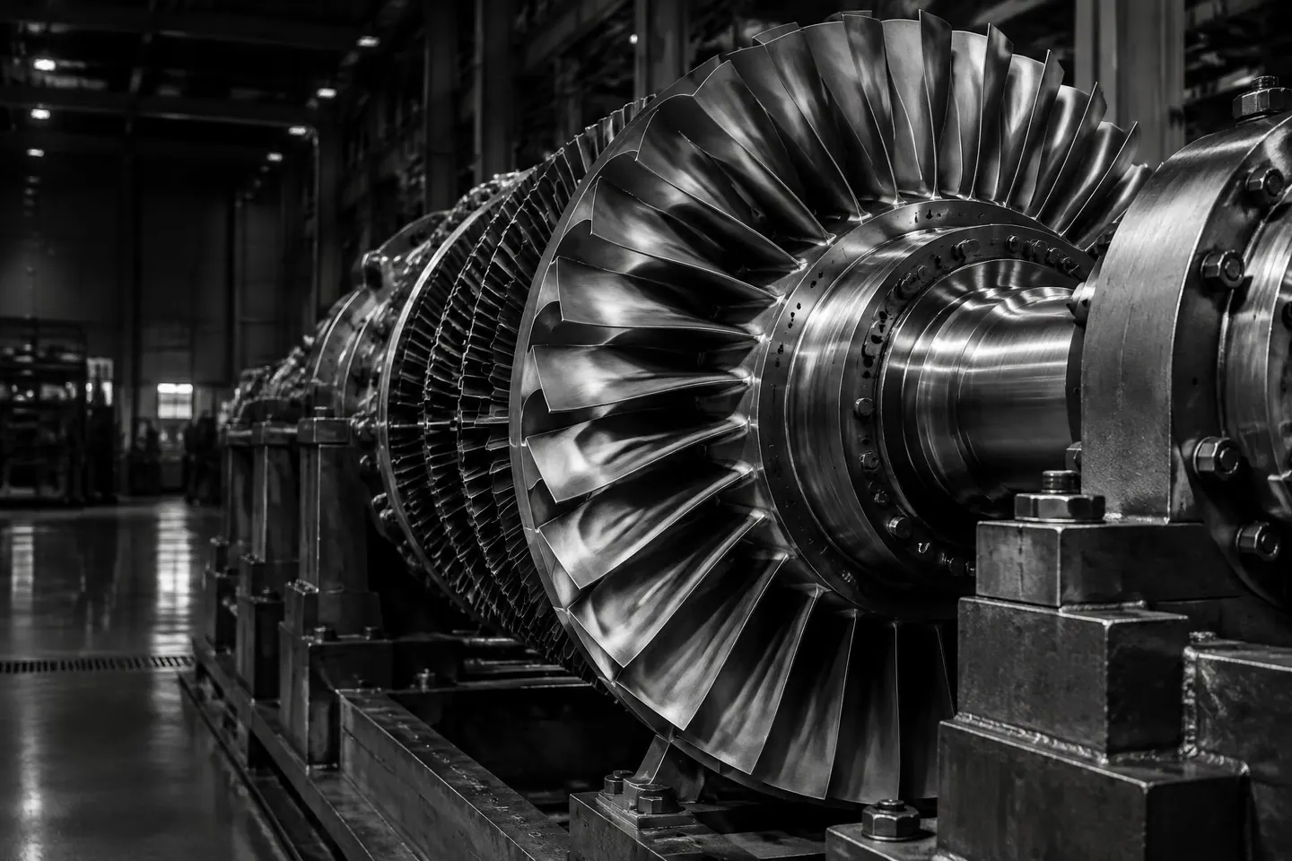 Industrial turbine rotor in a workshop